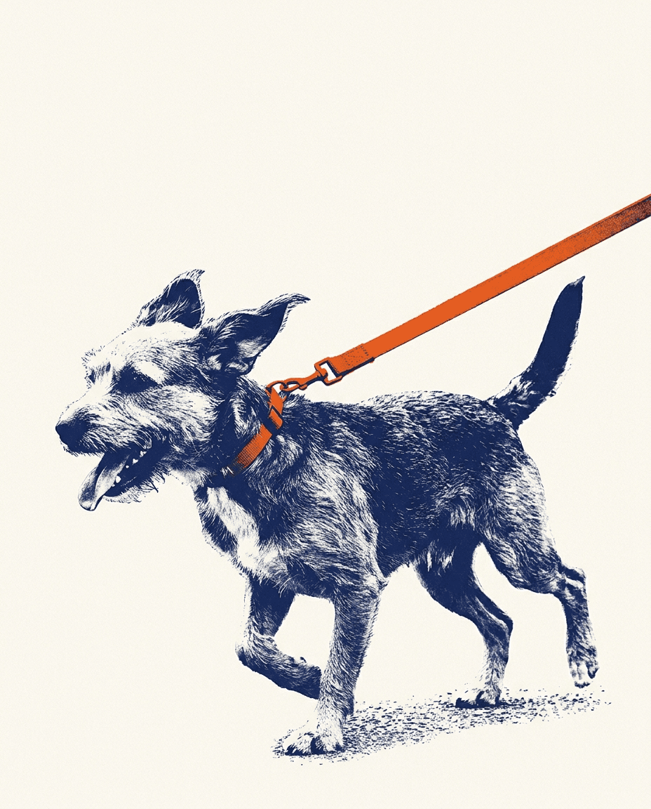 Duotone illustration of a happy dog trotting on an orange leash