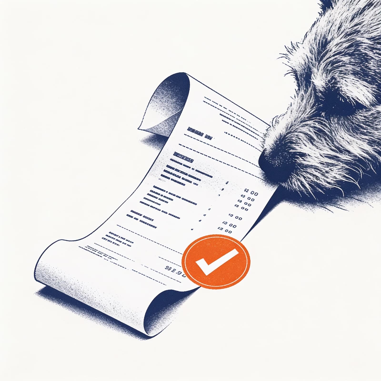 A curious dog sniffs a receipt stamped with an orange check
