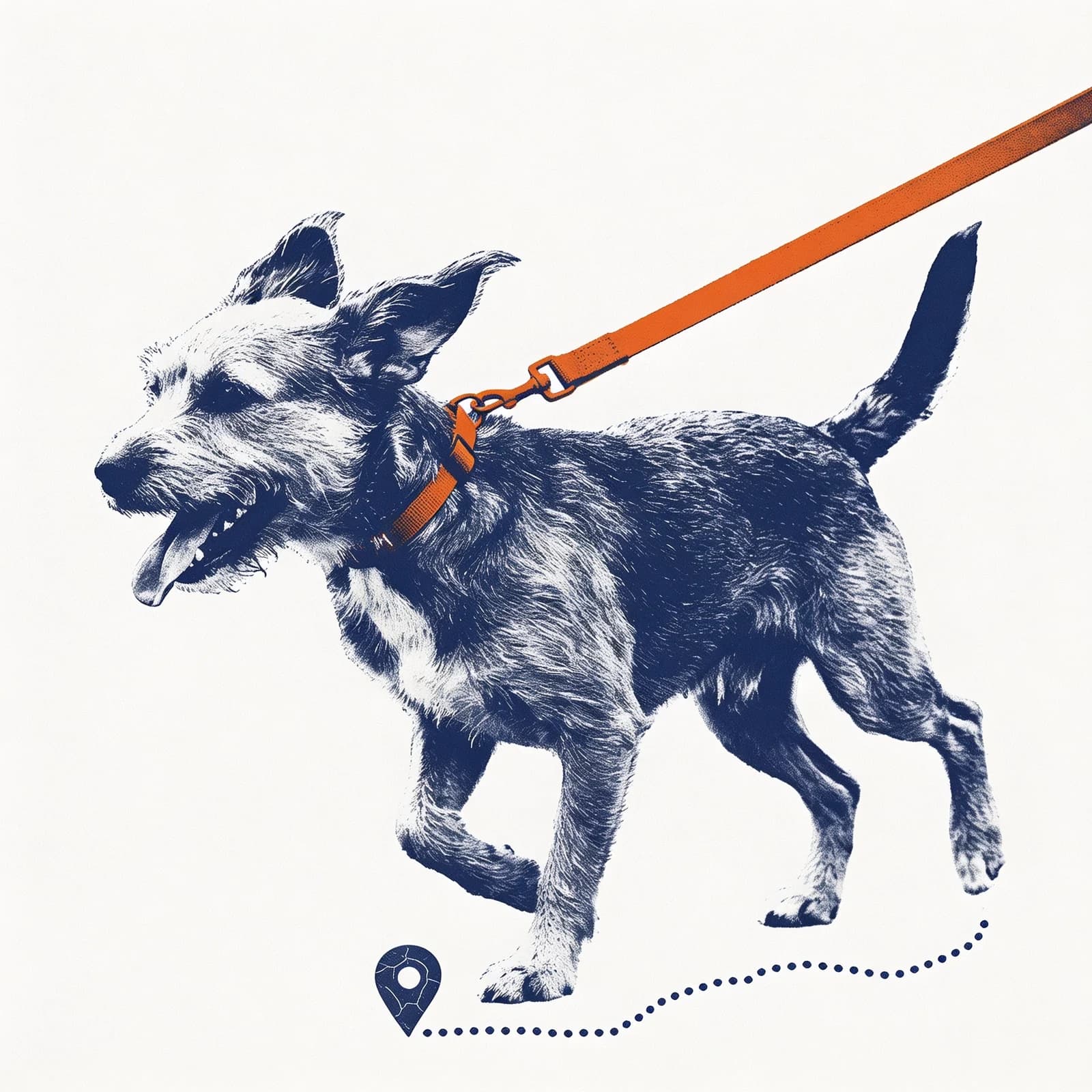 A dog trots along a dotted GPS route on an orange leash