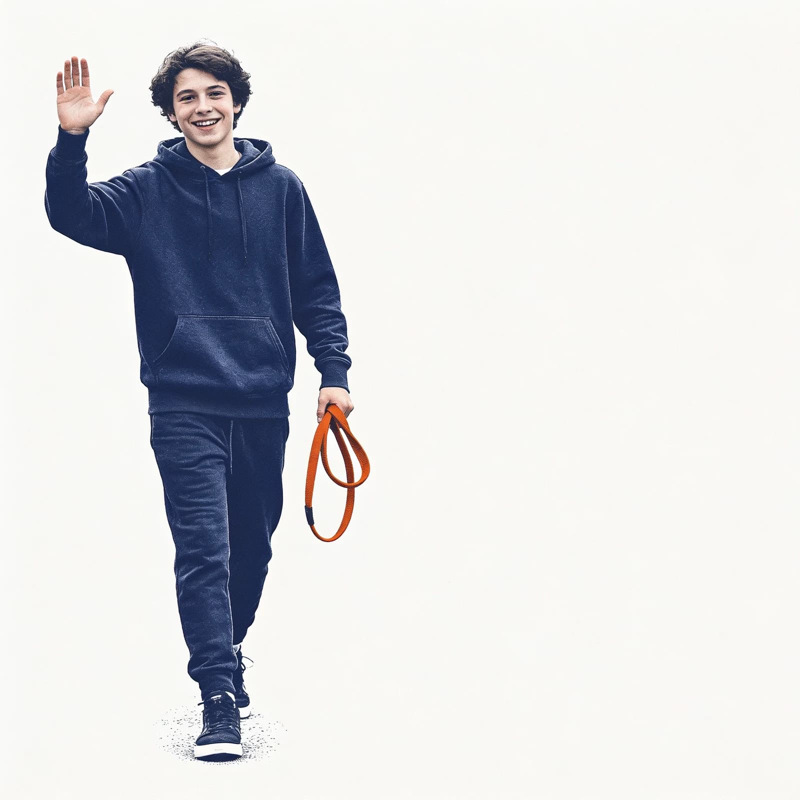 A walker waves hello, orange leash coiled in hand
