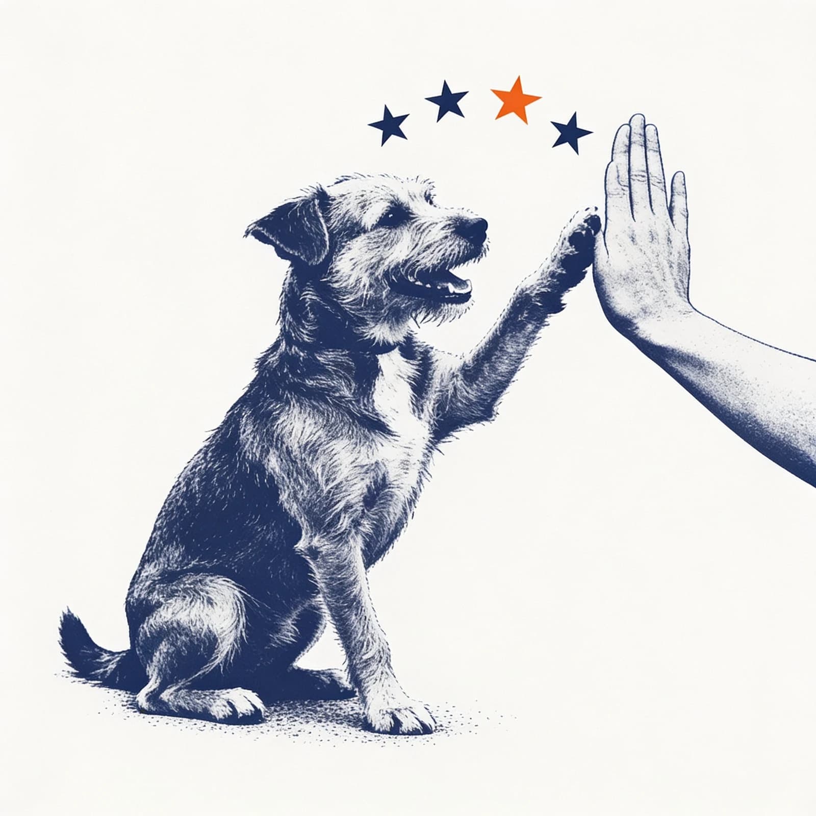 A dog high-fives its owner under five rating stars