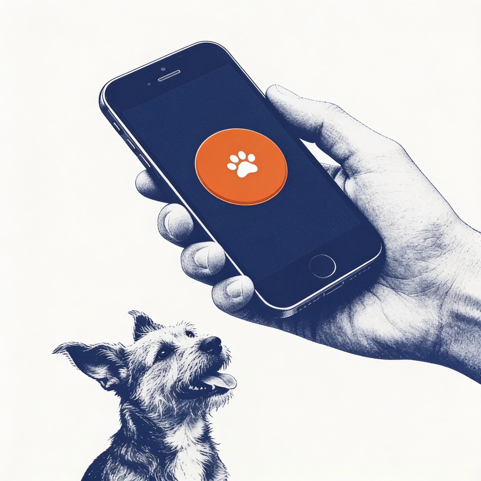 A dog looks up at a phone showing one big orange Go button